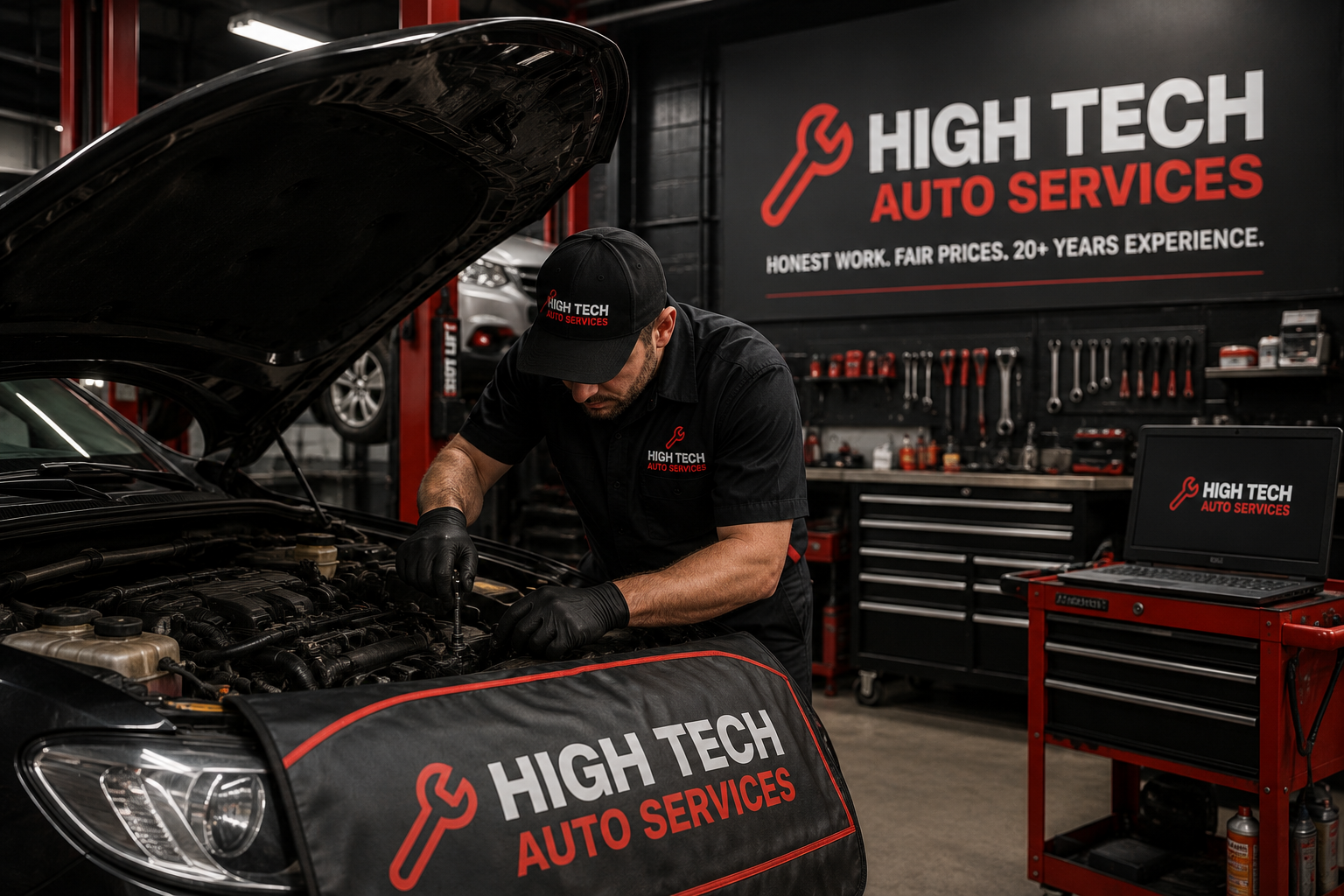 Experienced ASE-Certified mobile mechanic repairing a car engine in a customer driveway