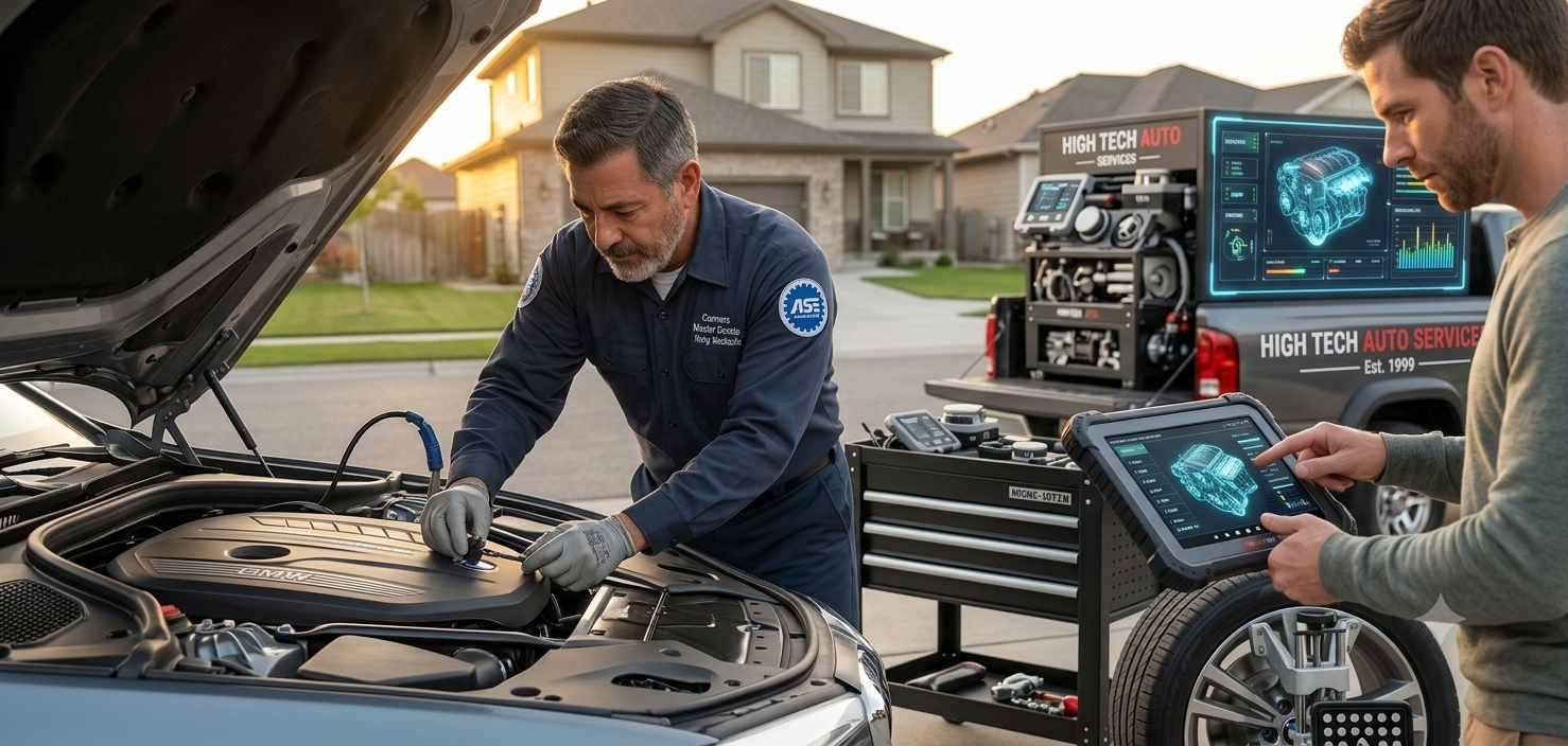 Mechanic using OBD diagnostic scanner on vehicle electrical system
