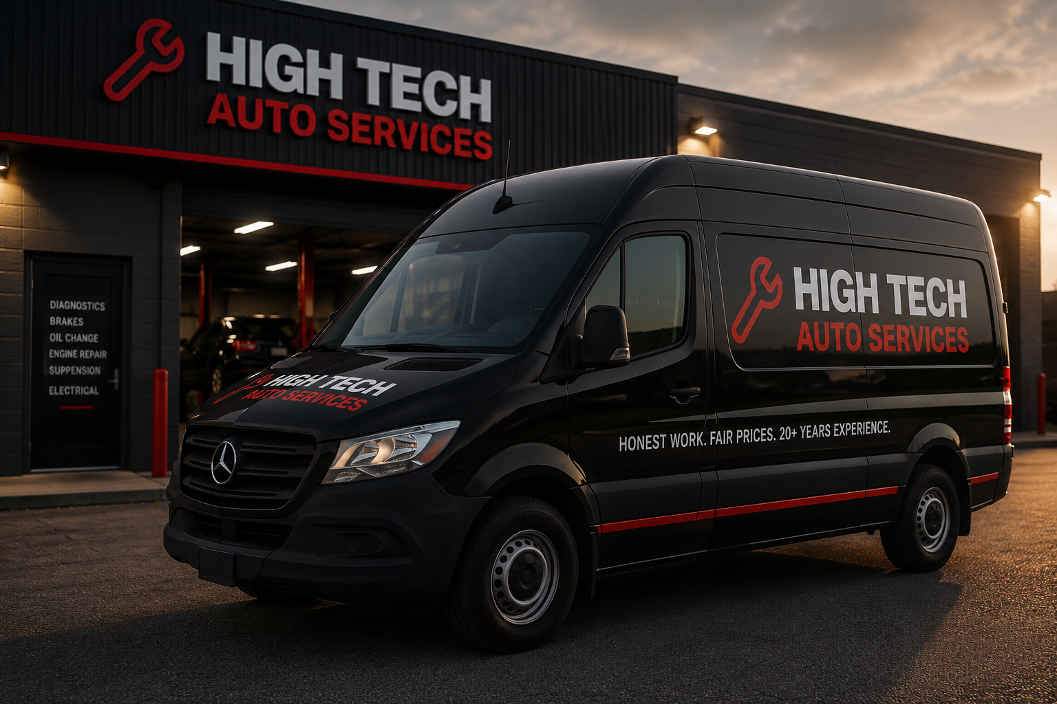 High Tech Auto Services mobile mechanic van parked roadside while mechanic repairs customer car engine with tools
